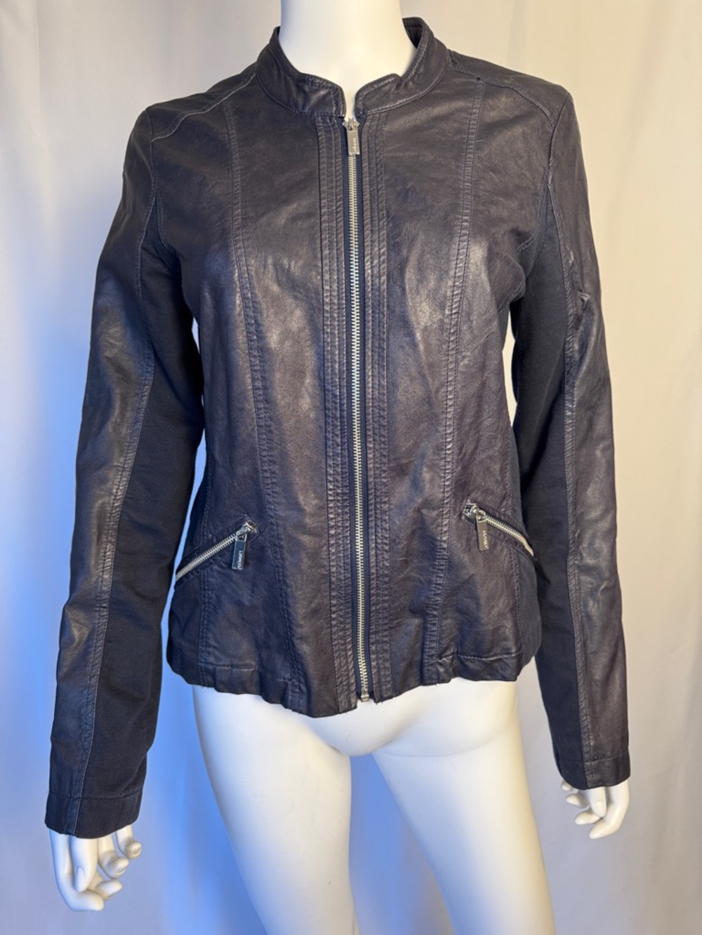 Fitted Black Faux Leather Zip-Up Jacket